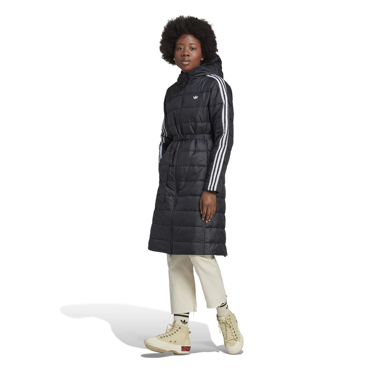 Black hooded long slim-fit puffer jacket with white 3-stripe sleeve and adjustable belt.