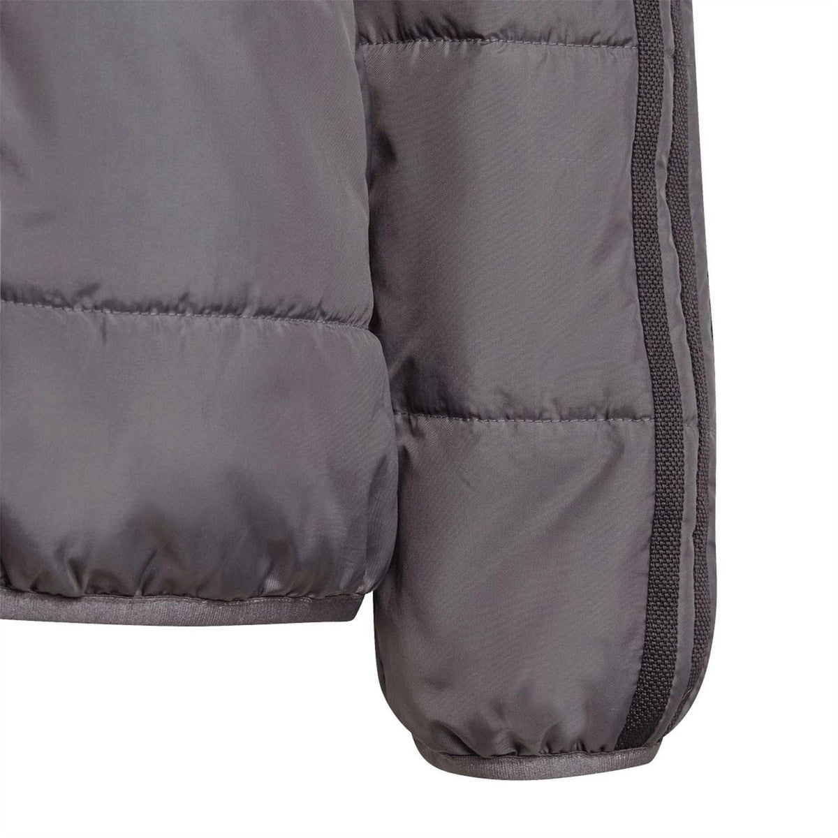 Dark grey padded jacket sleeve and hem with striped side trim