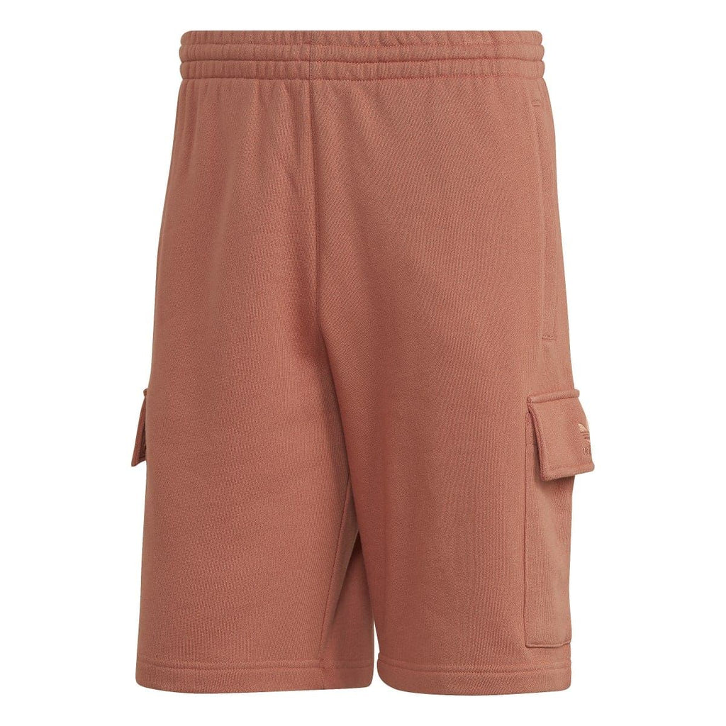 Rust-brown cargo shorts with elastic waistband and side flap pockets, full front view
