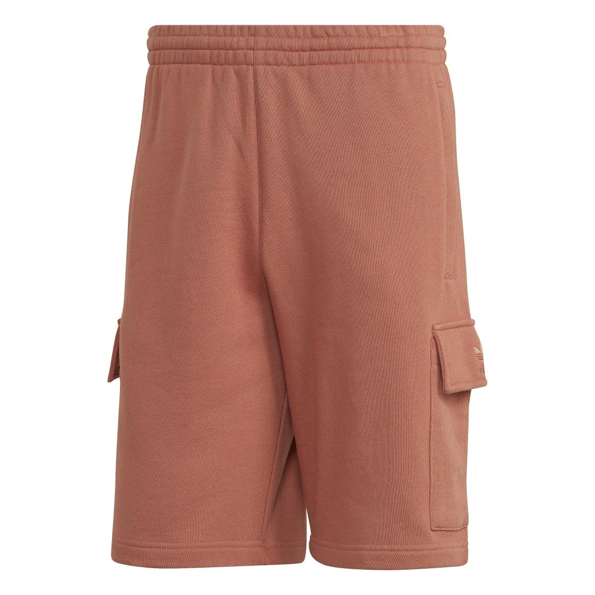 Rust-brown cargo shorts with elastic waistband and side flap pockets, full front view