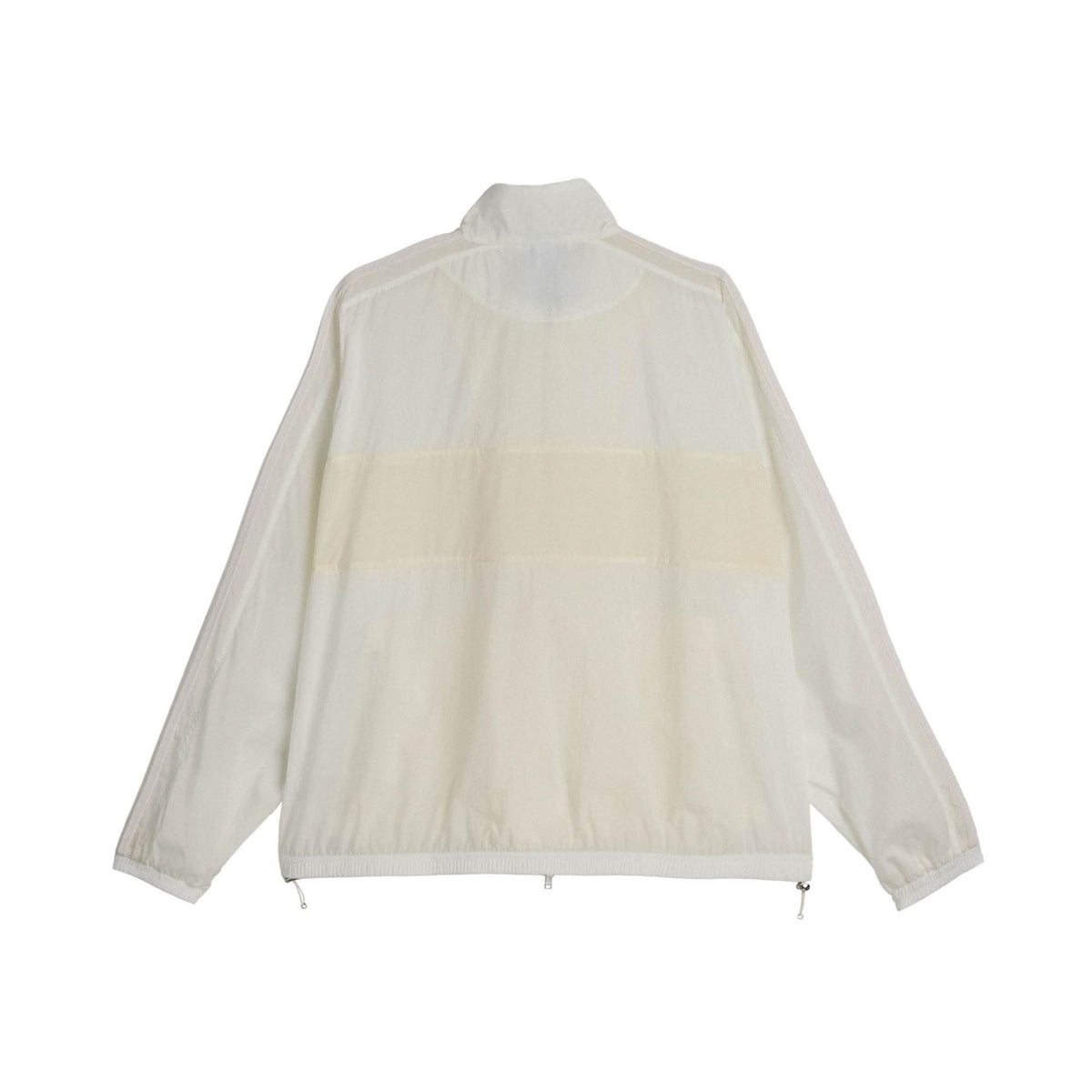Chalk white track jacket back view with stand collar and elastic cuffs.