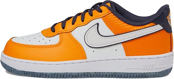 Kids' low-top sneakers with orange, white, and navy panels and Nike swoosh