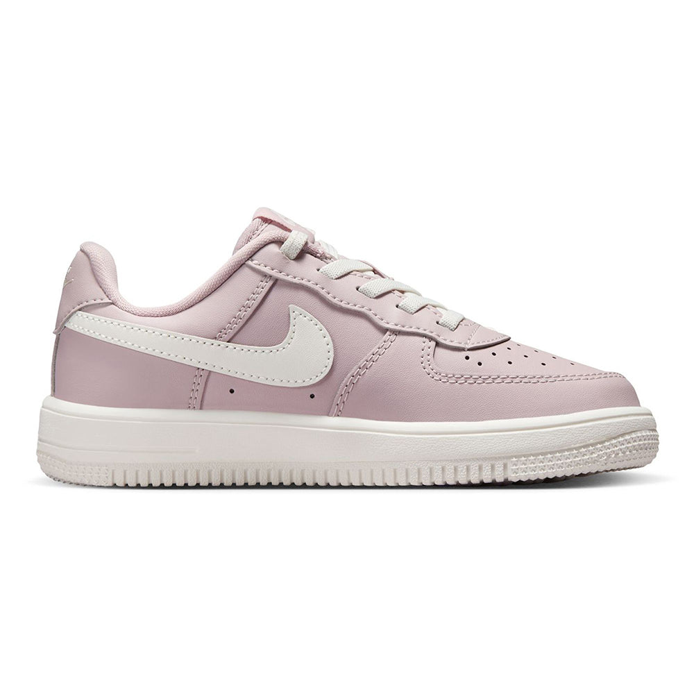 Kids low-top sneakers, rose upper with white Swoosh and side hook-and-loop strap