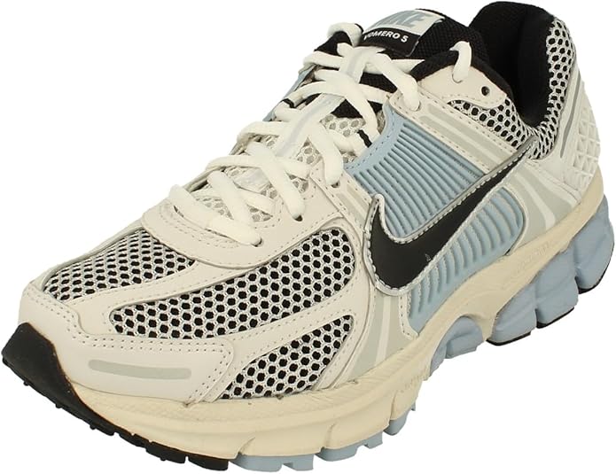 Women's Nike Zoom Vomero 5 running shoe, light mesh and blue tint panels with black trim.