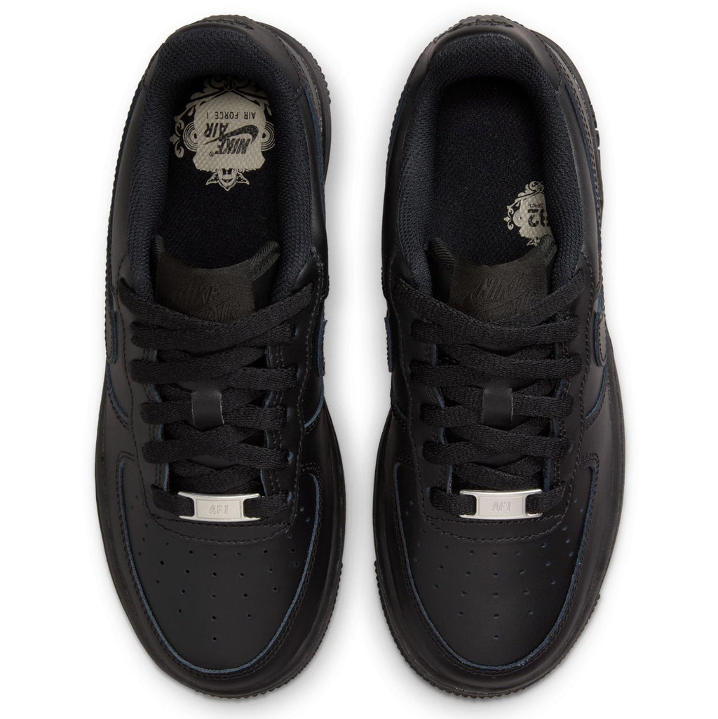 Kids' Nike Air Force 1 LE sneakers, black uppers shown with padded collars and laces