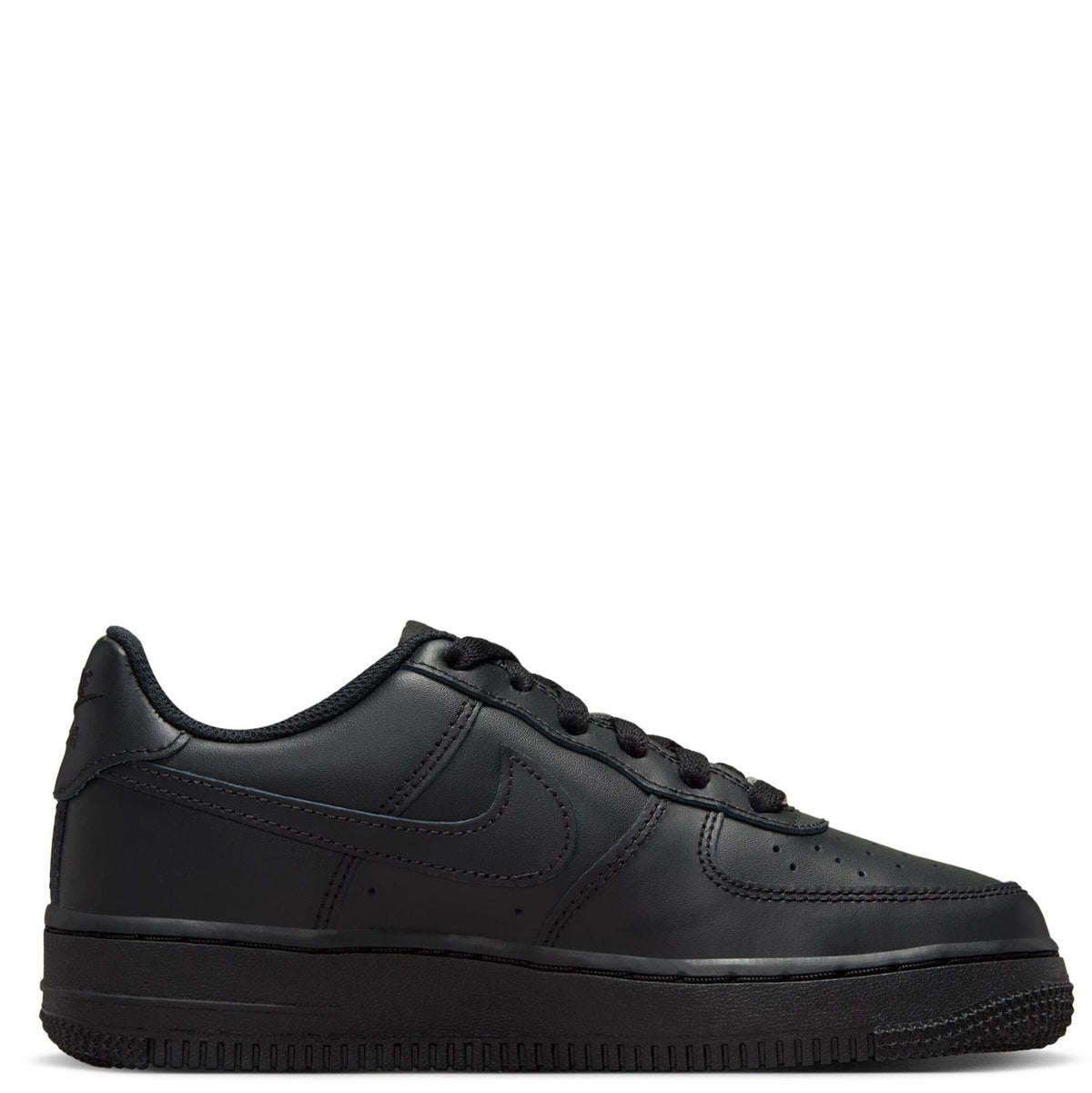 Kids' Nike Air Force 1 LE sneakers side view, black leather, lace-up, swoosh