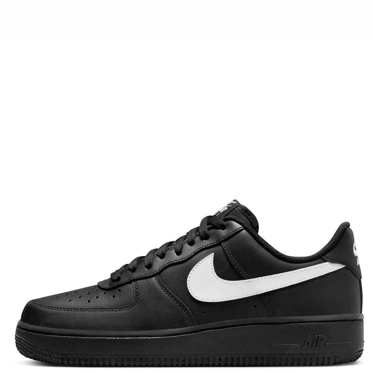 Black Nike Air Force 1 '07 sneakers with white swoosh, lace-up, padded collar