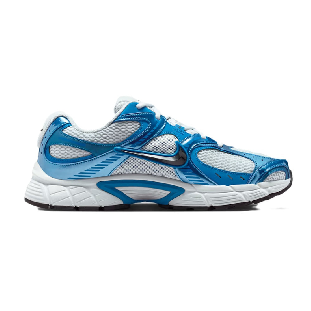 Nike men's running shoe side view, blue overlays with white laces