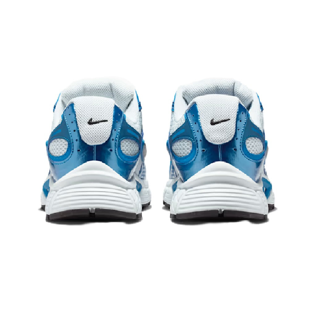 Nike men's running shoe heel view, white collar with blue panels and Swoosh