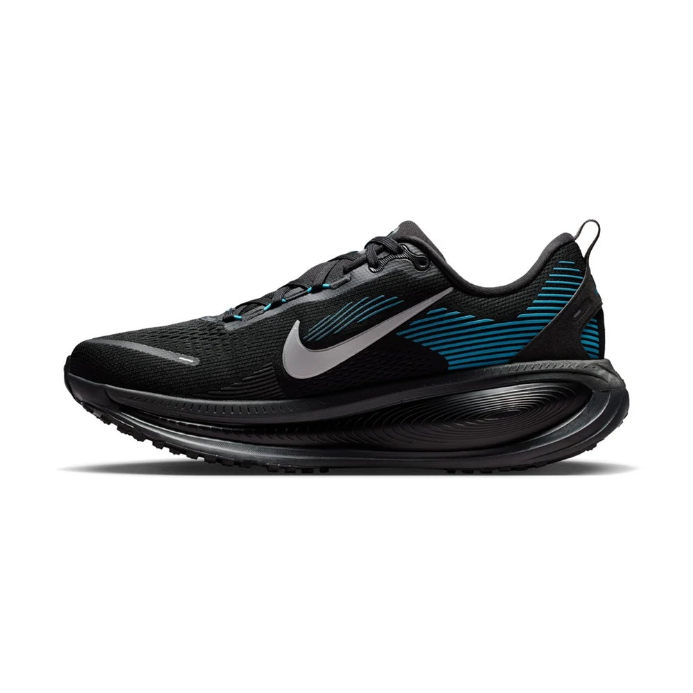 Men's lace-up running shoe in black with silver swoosh and light blue accents