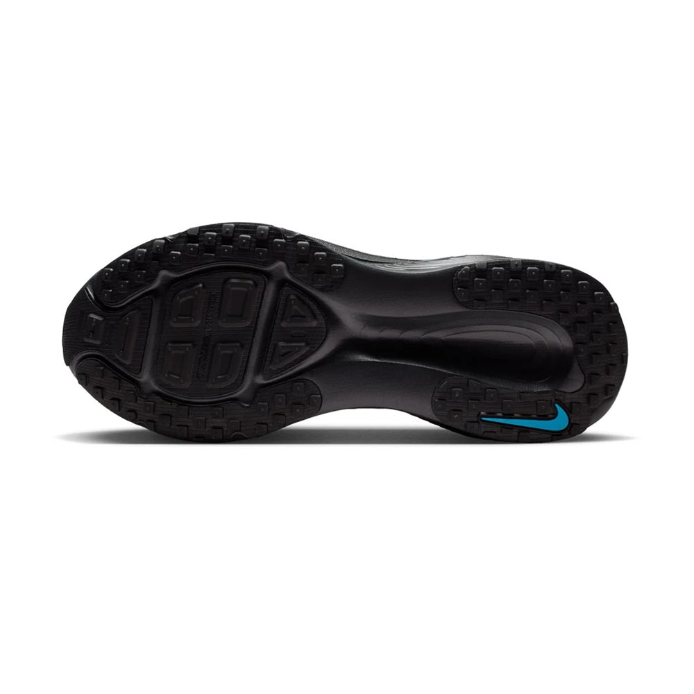 Men's running shoe outsole with black tread and a light blue accent detail