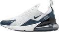 Women’s Nike Air Max 270 sneakers with white knit upper, blue accents, swoosh, and visible Air unit