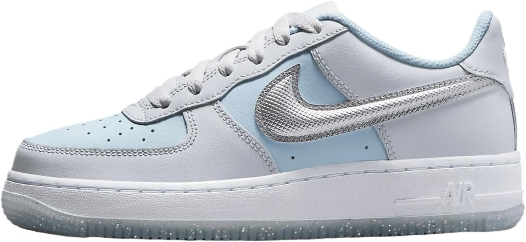 Kids' Nike Air Force 1 sneakers, light platinum leather with metallic silver swoosh