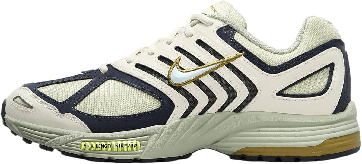 Men's Nike Pegasus 2005 shoes: cream/olive with navy panels and gold swoosh