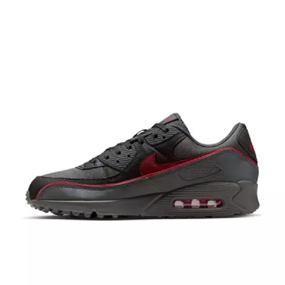 Men's Nike Air Max 90 PRM sneakers, dark grey panels with red trim and red Air unit