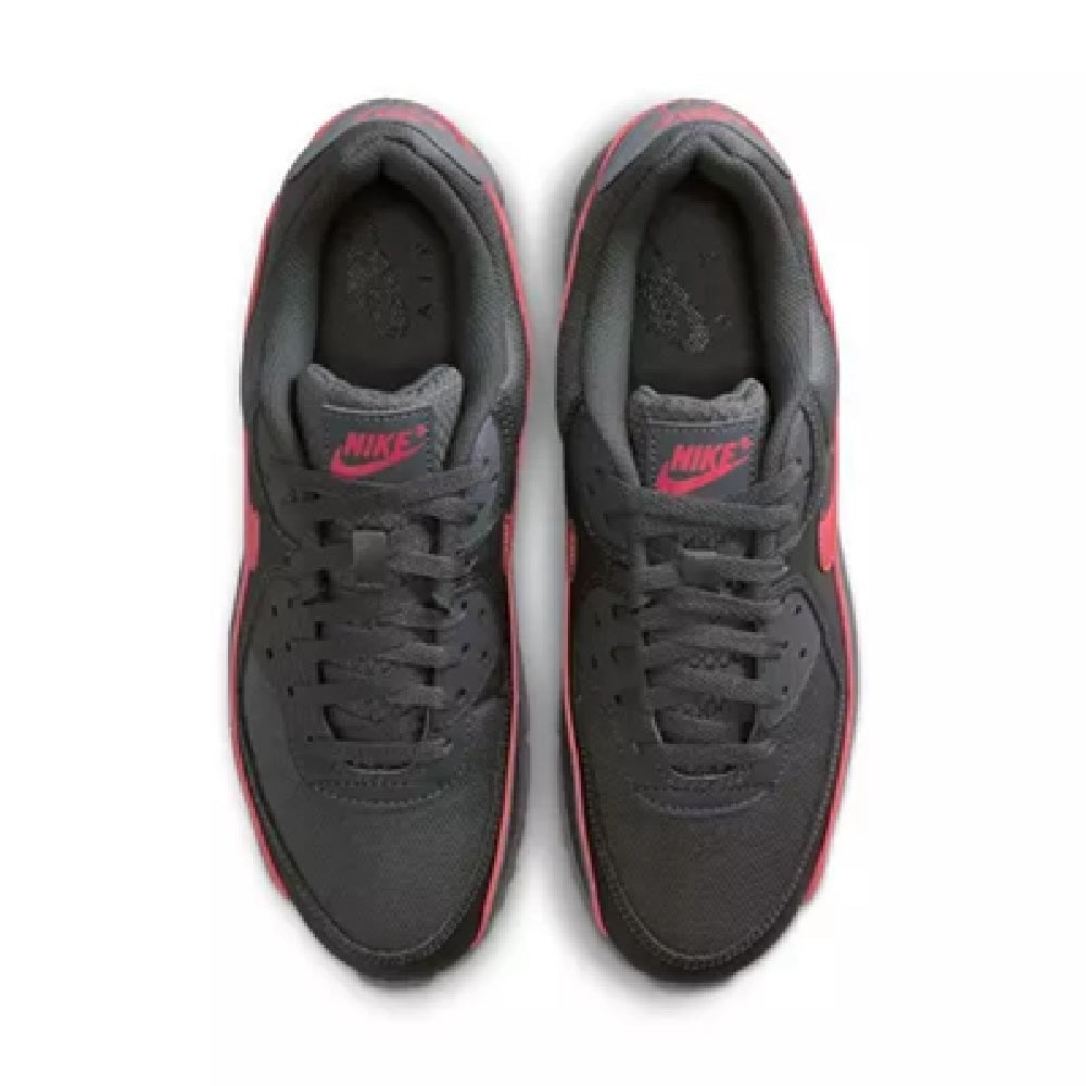 Pair of Nike Air Max 90 PRM sneakers, dark grey uppers with red accents, lace-up