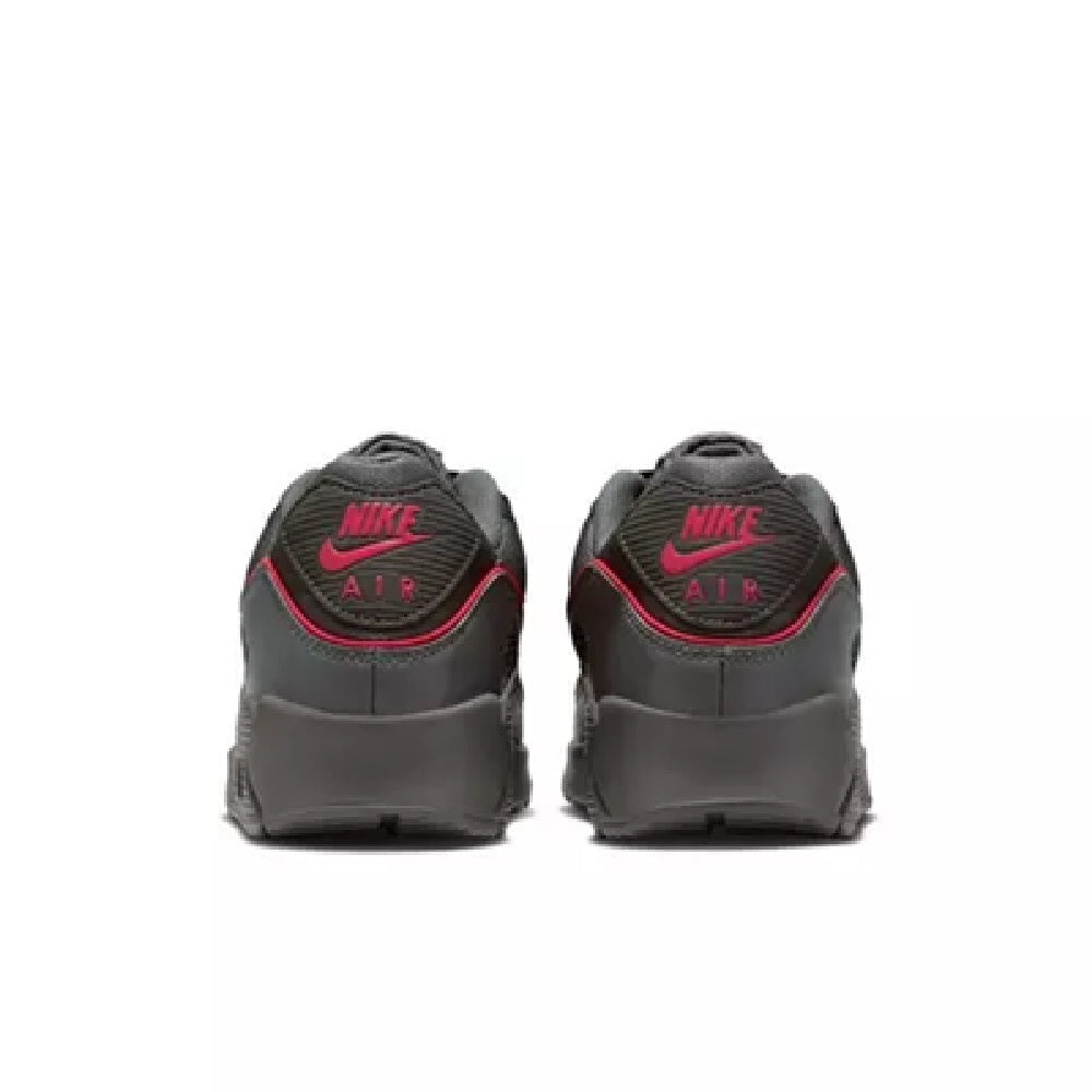 Nike Air Max 90 PRM heel view, dark grey with 'NIKE AIR' text and red trim