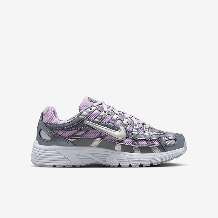 Kids' Nike P-6000 sneakers, side view in lilac and gray with lace and stitched panels