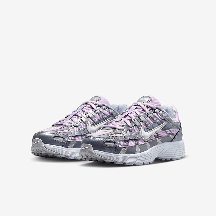 Kids' Nike P-6000 sneakers pair, lilac laces, smoke gray overlays and padded collar