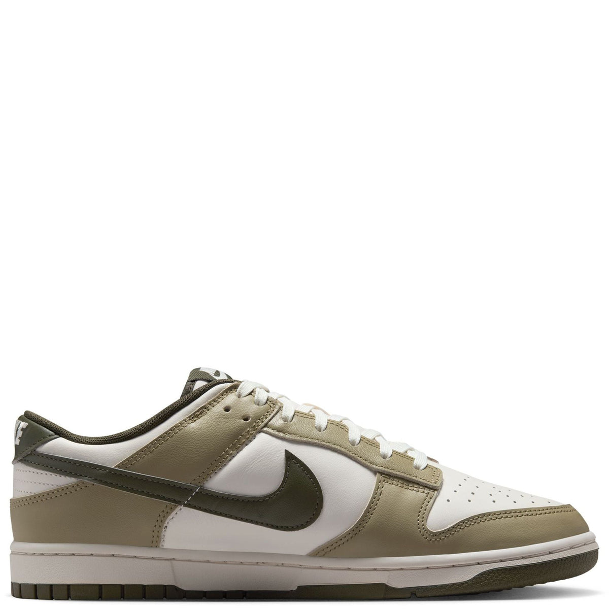 Nike Dunk Low low-top sneakers with white panels and olive Swoosh, lace-up profile