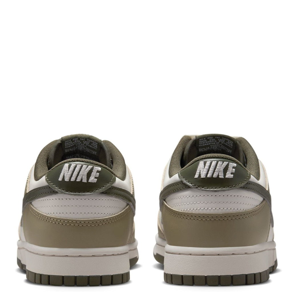 Nike Dunk Low heel view with NIKE branding, white panels and olive/khaki uppers