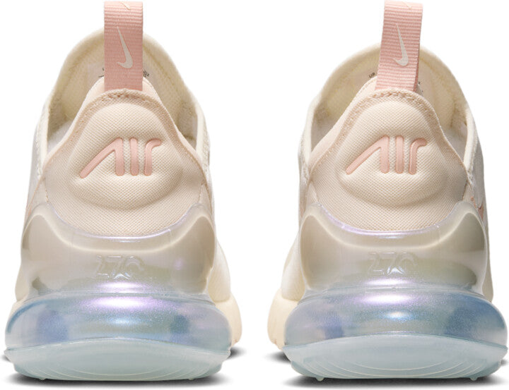 Women's Nike Air Max 270 sneakers, heel view with Air branding and coral-pink pull tabs