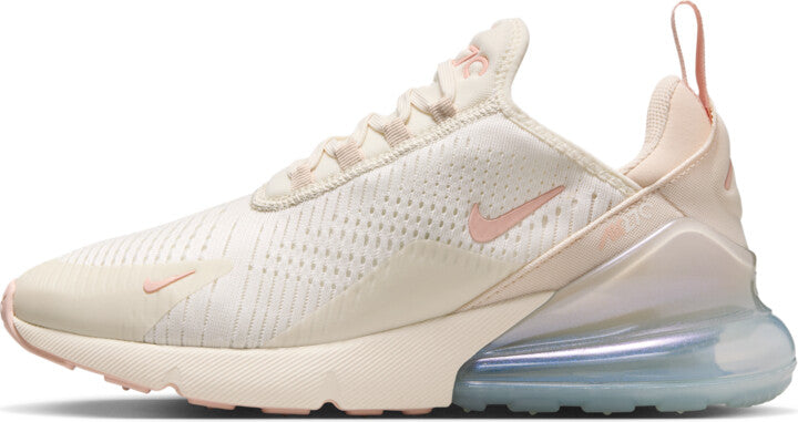 Women's Nike Air Max 270 sneakers, soft pearl upper with coral-pink swoosh and laces