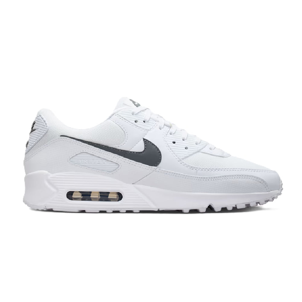 White low-top sneaker with Nike swoosh and visible Air Max window, lace-up.