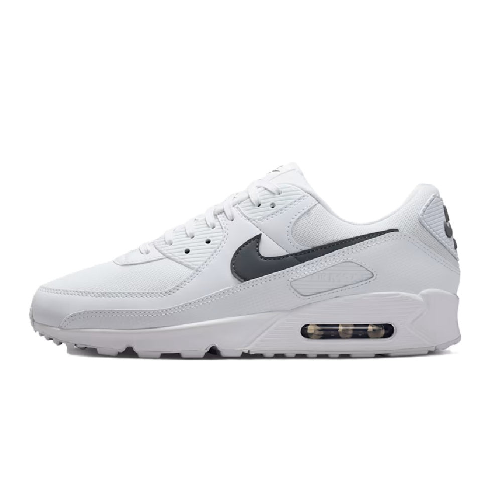 White/gray low-top sneaker with black swoosh, lace-up, Air Max air window midsole.