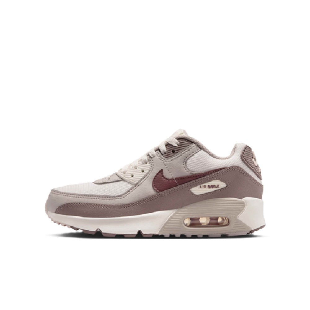 Air Max 90 kids' sneakers, cream and taupe with burgundy swoosh, visible Air unit