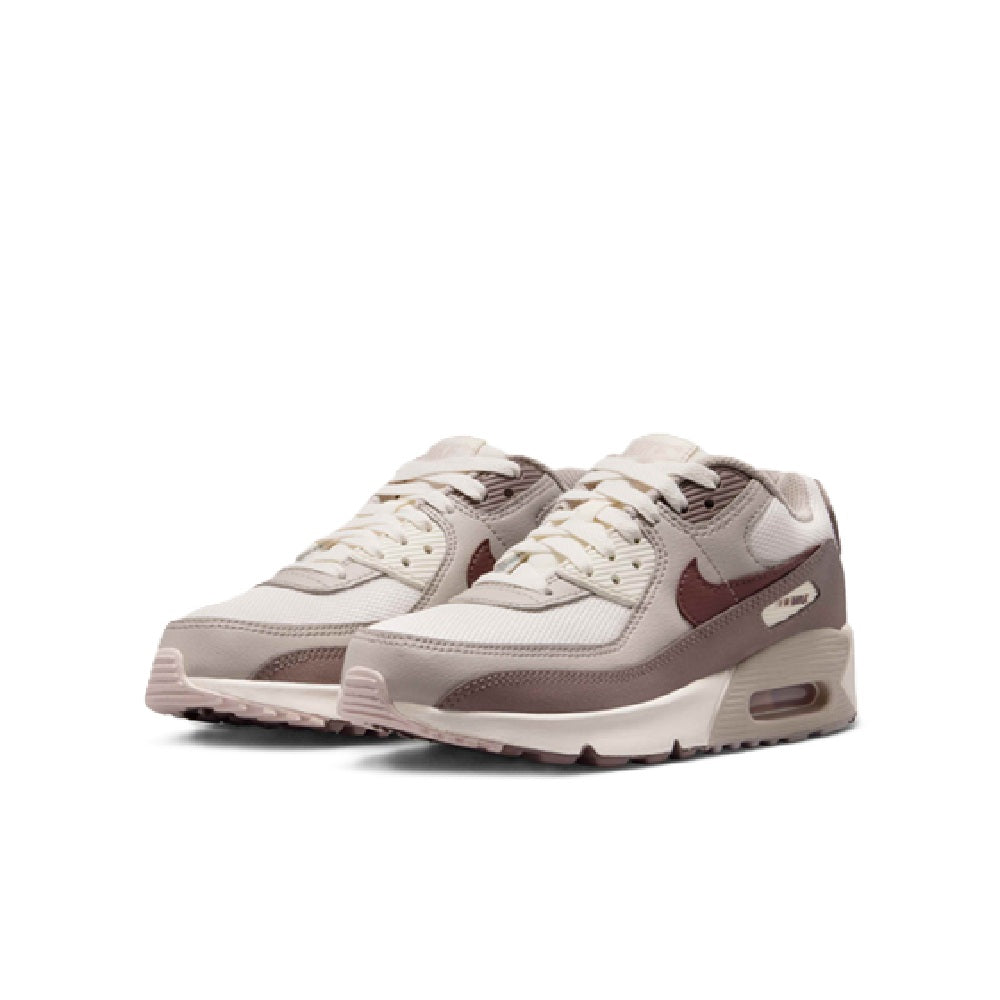 Air Max 90 kids' sneakers, cream and taupe, front view with laces and padded collar