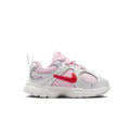 Kids' Nike running shoes in white, pink mesh, and red Swoosh with lace-up design