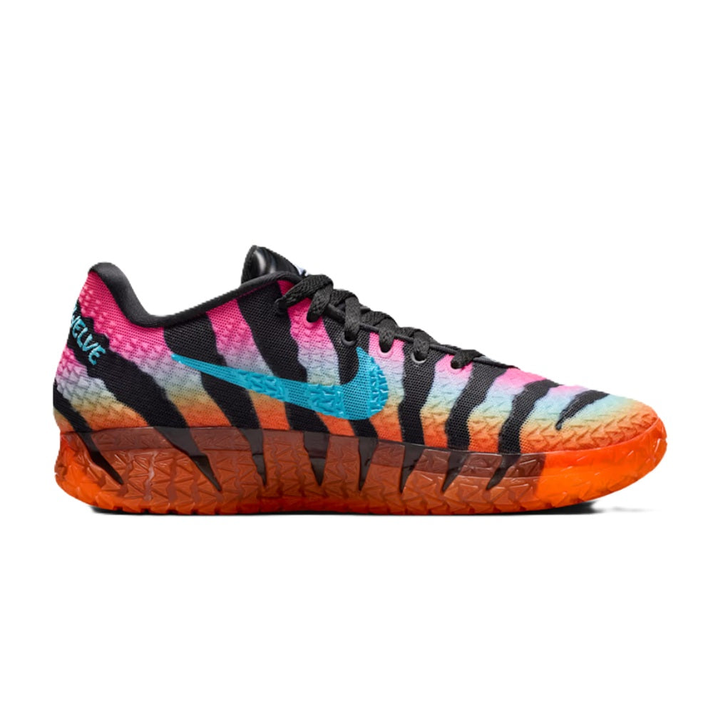 Men's low-top basketball sneaker with black, pink, teal zebra print and orange outsole