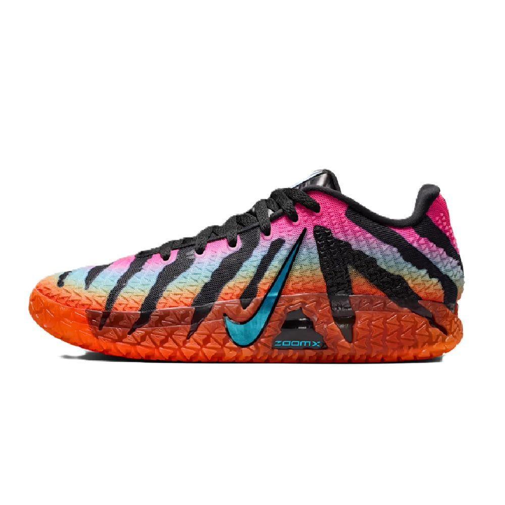 Low-top sneaker side view with orange outsole, black laces, pink and teal zebra pattern