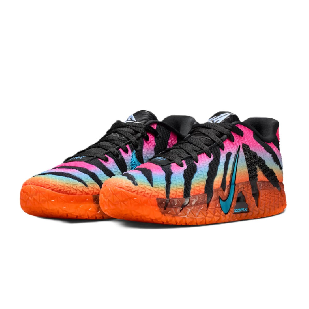 Pair of low-top sneakers with black zebra stripes, pink accents, teal swoosh, orange sole
