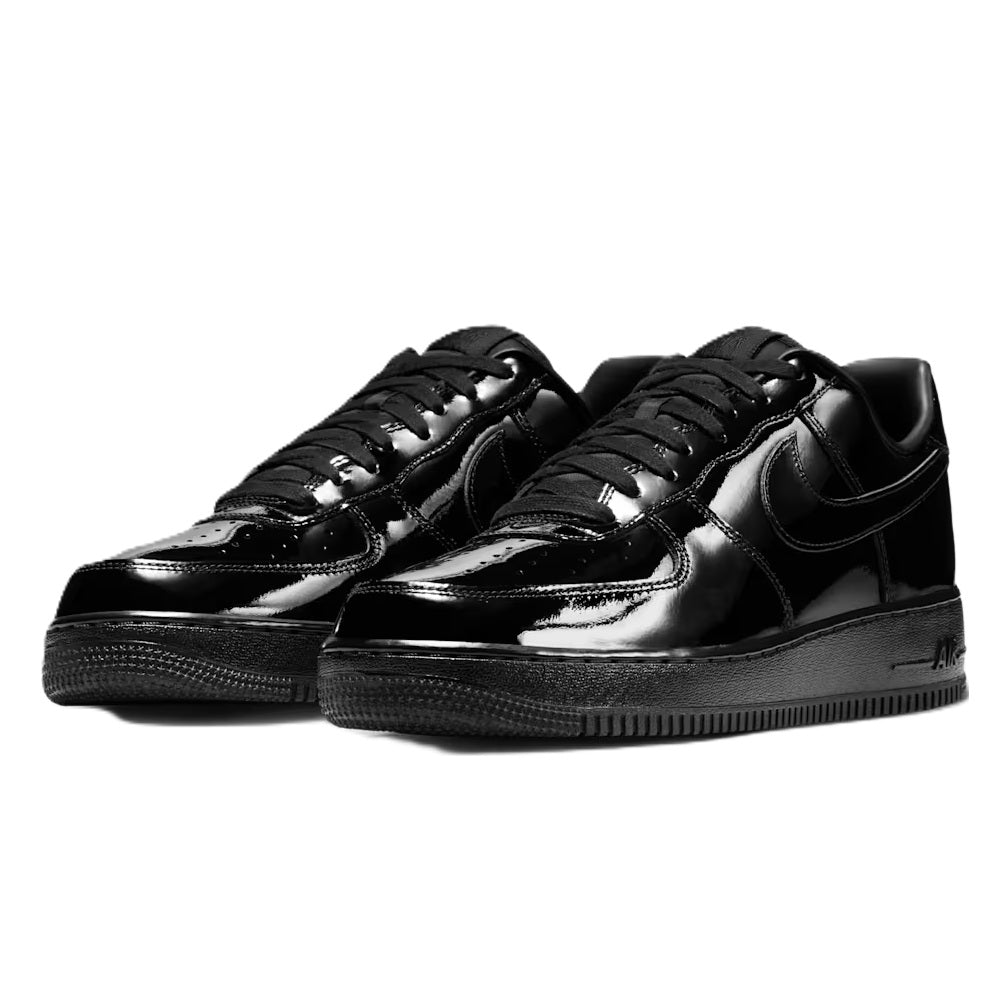 Pair of Nike Air Force 1 ’07 PRM sneakers with black shiny leather uppers