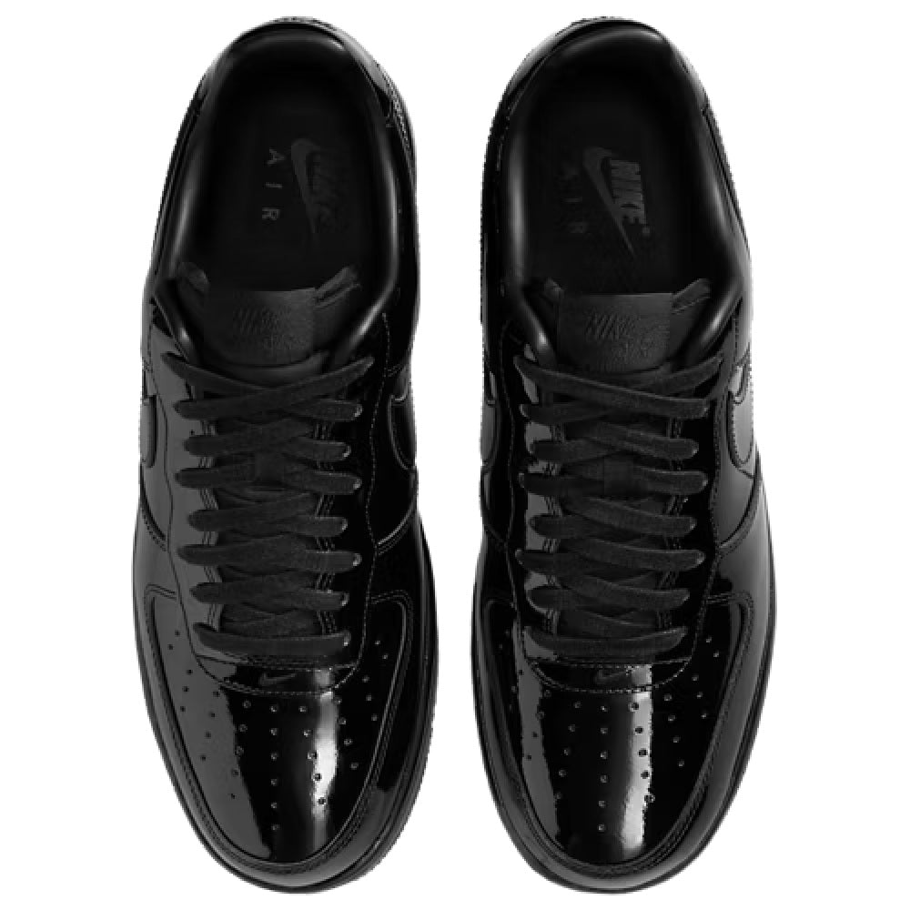 Nike Air Force 1 ’07 PRM sneakers, top view of black lace-up uppers