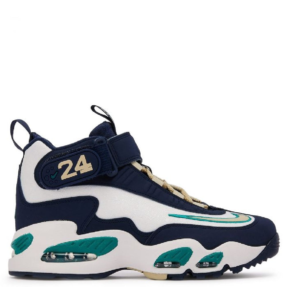 Kids' Nike high-top sneakers in navy, white, and teal with gold laces and strap