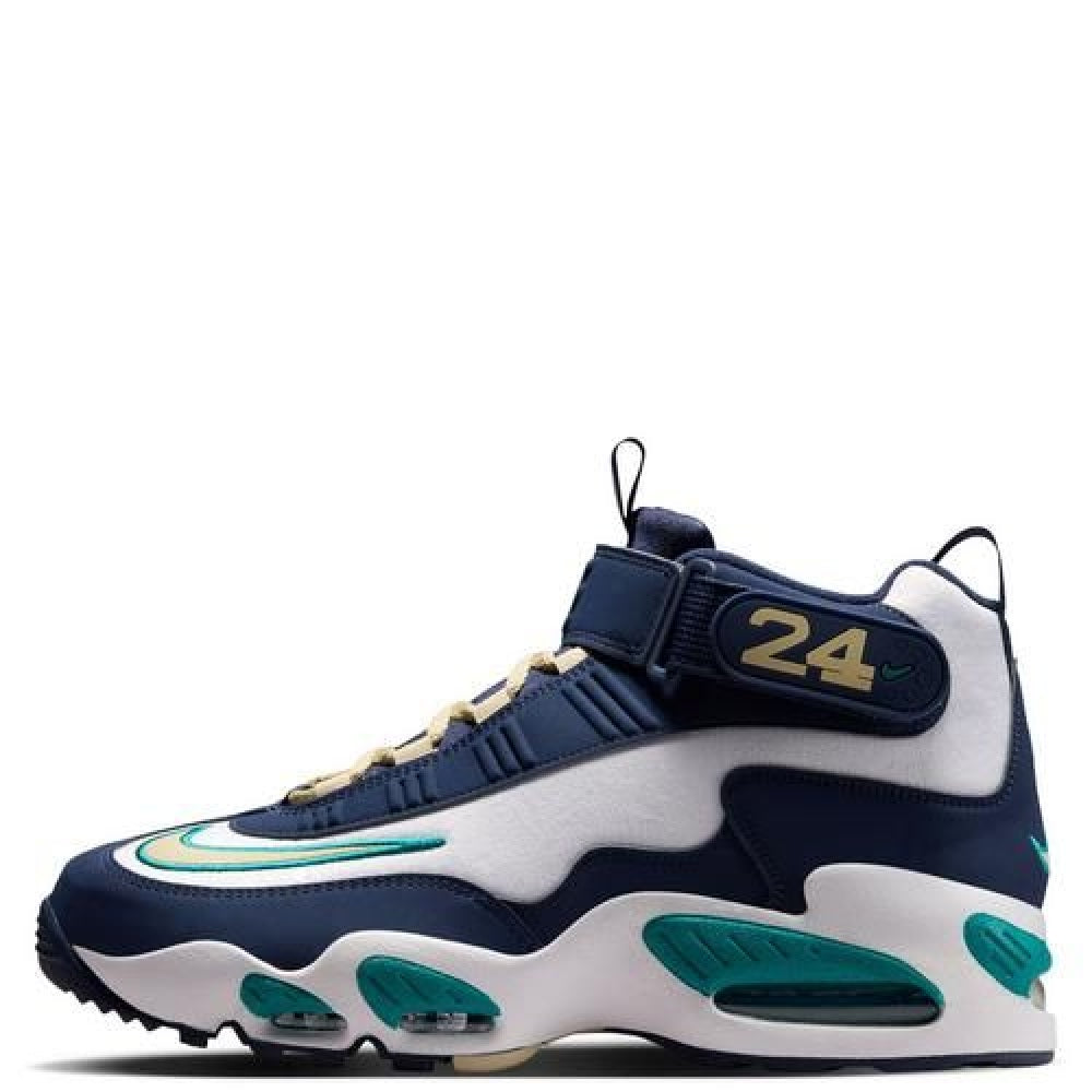 Kids' Nike high-top sneakers, navy and white with teal accents, side swoosh and 24 strap