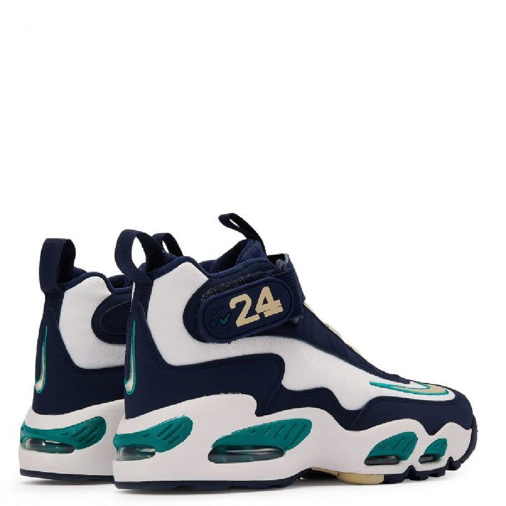 Kids' Nike high-top sneakers, navy and white with teal accents and 24 logo strap