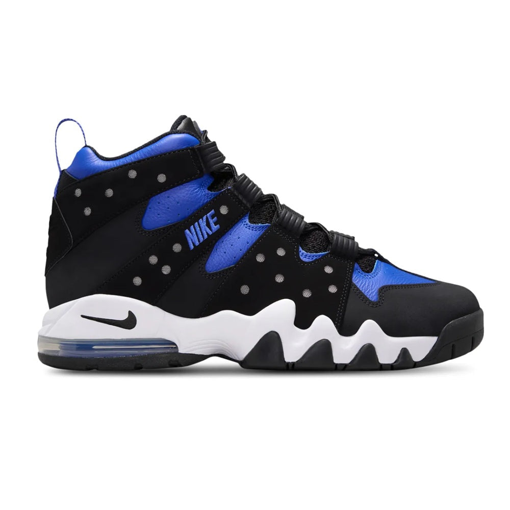 Men's black and blue high-top sneakers with white midsole and Nike swoosh detail