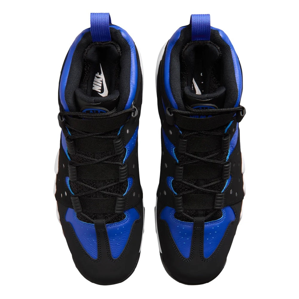 Men's black and blue high-top sneakers showing tongues and lace-up design