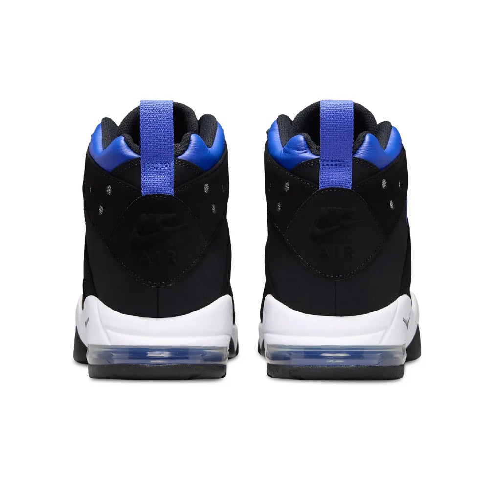 Men's black and blue high-top sneakers heel view with white midsole and blue accents