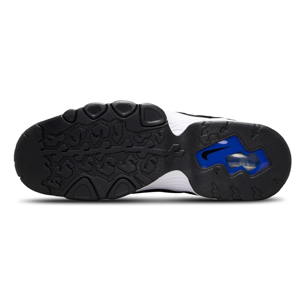 Men's black high-top sneaker outsole with textured tread and blue heel detail