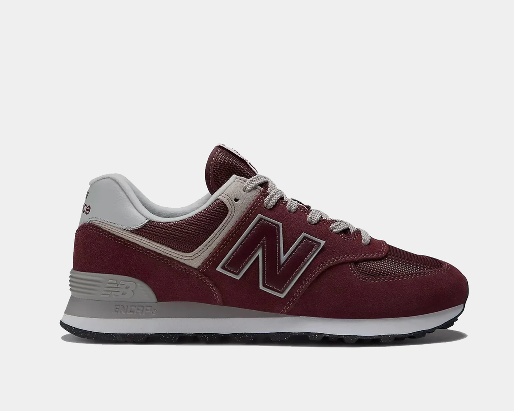 Burgundy and gray New Balance-style sneakers with large N side logo