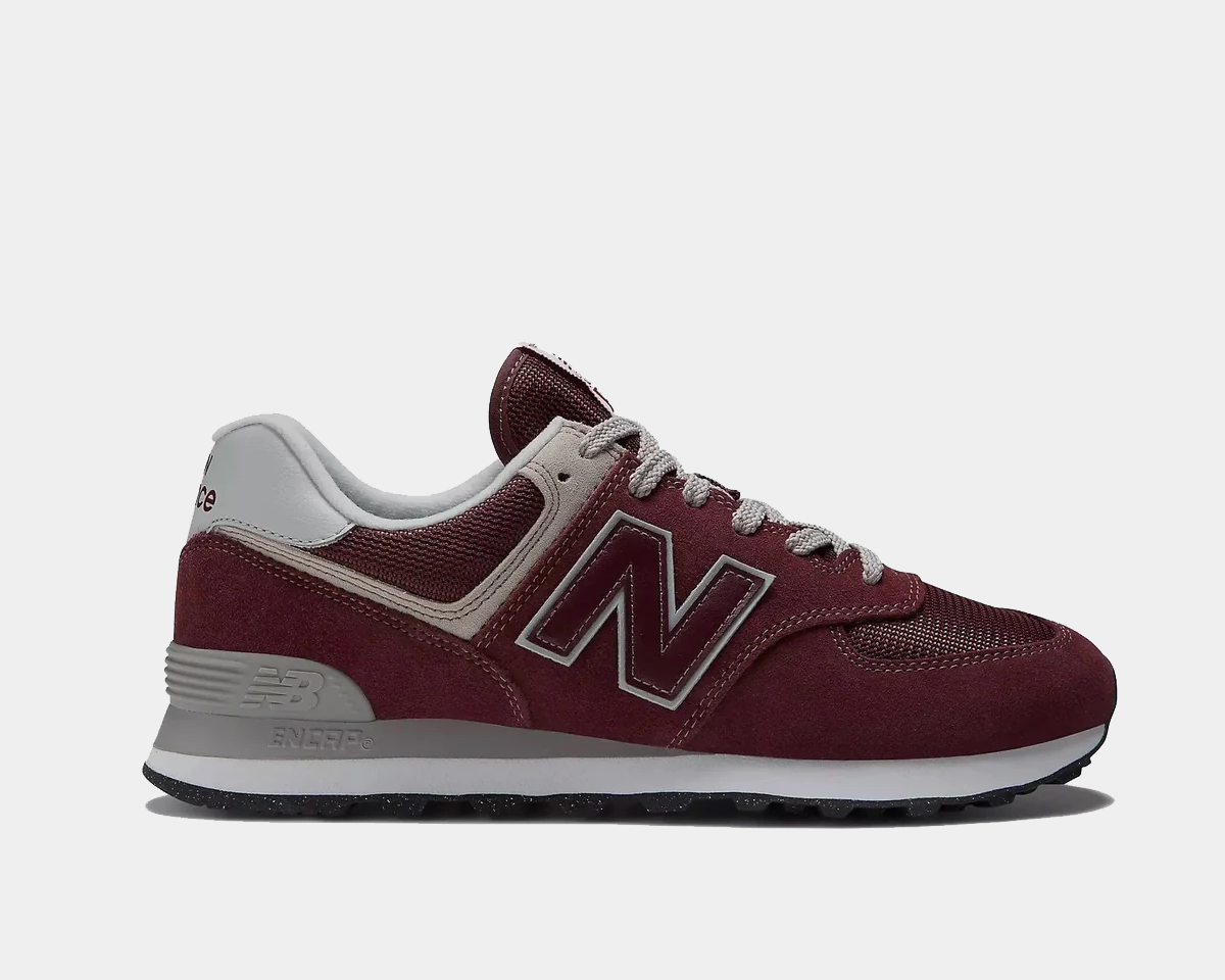 Burgundy and gray New Balance-style sneakers with large N side logo