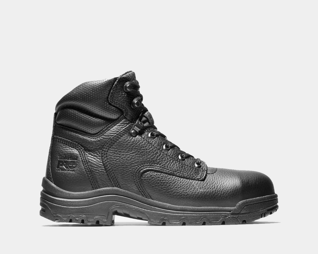 Black lace-up safety toe work boot with padded collar and rugged tread sole