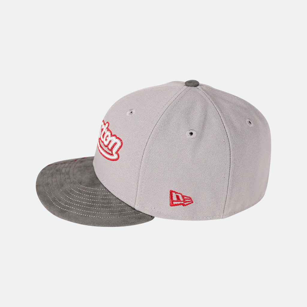Grey 59Fifty cap with dark brim, red side New Era-style emblem