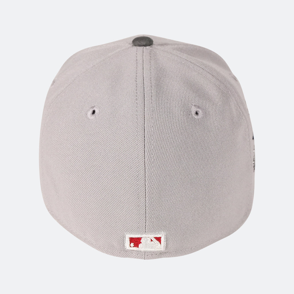 Grey 59Fifty cap with dark button and small side flag patch