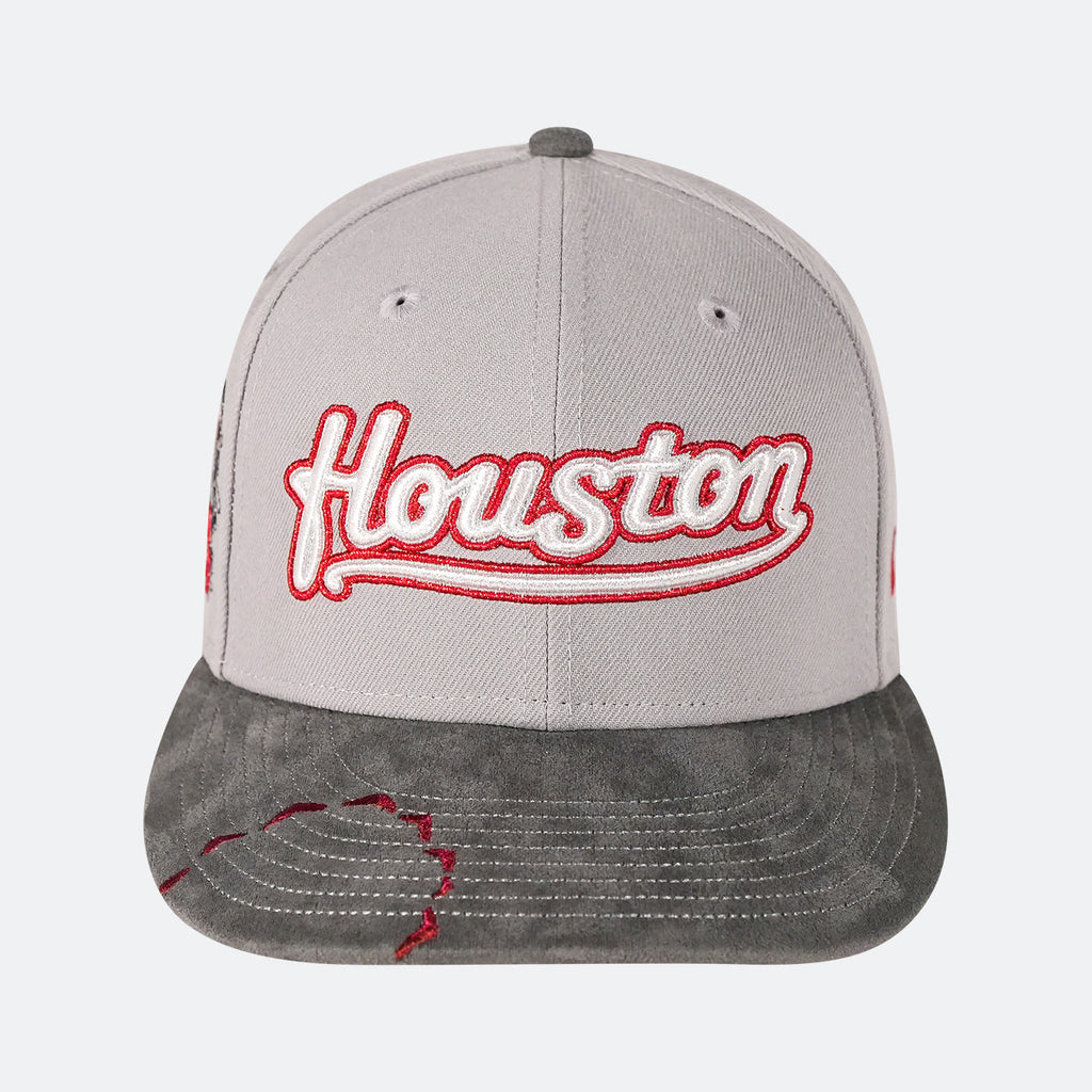 Grey 59Fifty cap with dark brim and red Houston logo embroidery